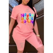 Lovely Leisure O Neck Letter Print Pink Two-piece 