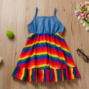 Lovely Casual Patchwork Blue Girl Mid Calf Dress