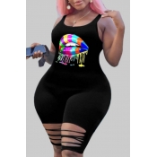 Lovely Casual Lip Print Black Plus Size One-piece 
