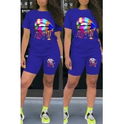 LW Casual Lip Print Blue Two-piece Shorts Set