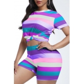 LW Casual Striped Purple Two-piece Shorts Set