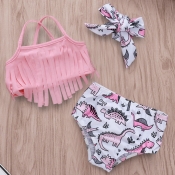 lovely Cartoon Print Pink Girl Two-piece Swimsuit