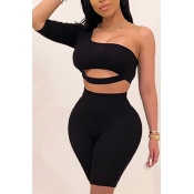 lovely Stylish One Shoulder Hollow-out Black Two-p