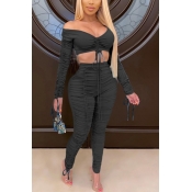 LW Stylish Fold Design Black Two-piece Pants Set