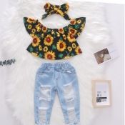 lovely Trendy Sunflower Print Yellow Girl Two-piec