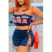 LW Sexy Letter Print Black Two-piece Shorts Set