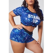 lovely Casual Print Deep Blue Plus Size Two-piece 