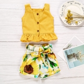 lovely Leisure Plants Print Yellow Girl Two-piece 