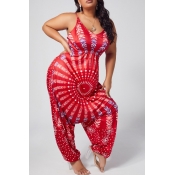 lovely Ethnic Print Red Plus Size One-piece Jumpsu