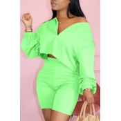 Lovely Casual Zipper Design Green Two-piece Shorts
