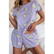 lovely Casual Floral Print Purple Plus Size Sleepw