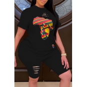 Lovely Casual Print Black Plus Size Two-piece Shor
