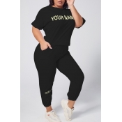 lovely Leisure Letter Black Plus Size Two-piece Pa
