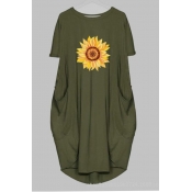 Lovely Leisure O Neck Print Green Knee Length Plus