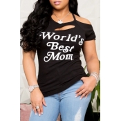 LW Casual O Neck Letter Print Black T-shirt