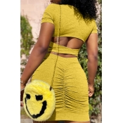 lovely Sexy Hollow-out Yellow Mini Dress