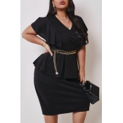 lovely Stylish V Neck Flounce Design Black Knee Le