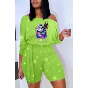 Lovely Leisure Print Green Two-piece Shorts Set