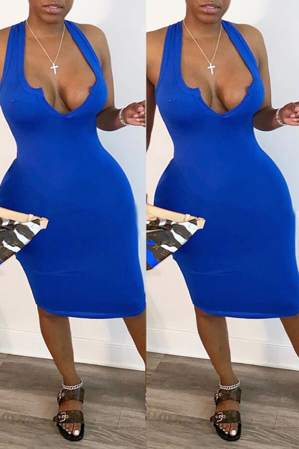 Lovely Sexy V Neck Skinny Blue Knee Length Dress