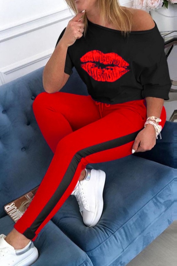 lovely Casual Lip Print Red Plus Size Two-piece Pants Set