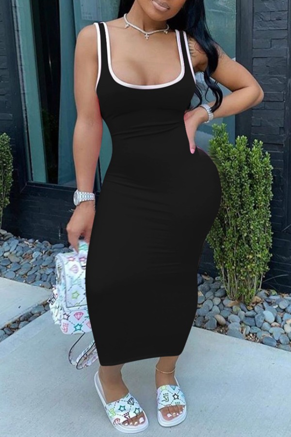 LW Sportswear U Neck Patchwork Black Ankle Length Dress