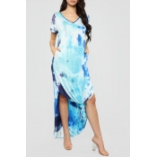 lovely Casual V Neck Print Blue Floor Length Dress