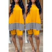 lovely Casual O Neck Striped Patchwork Yellow Two-