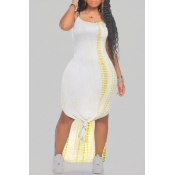 Lovely Casual Spaghetti Strap Print Yellow Ankle L