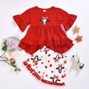 lovely Sweet Print Red Girl Two-piece Shorts Set