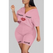 Lovely Casual Print Pink Plus Size Two-piece Short