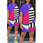 LW Leisure Color-lump Patchwork Purple Two-piece S