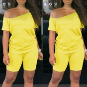 Lovely Casual Off The Shoulder Yellow Two-piece Sh