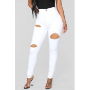 lovely Casual High-waisted Broken Holes White Jean