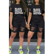 lovely Street Letter Print Black Two-piece Shorts 