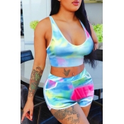 lovely Casual O Neck Tie-dye Blue Two-piece Shorts