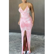 lovely Sexy Tie-dye Front Slit Pink Maxi Dress