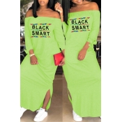 lovely Euramerican Dew Shoulder Letter Print Green