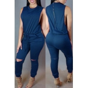 lovely Casual Hollow-out Deep Blue One-piece Jumps