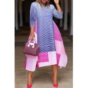 Lovely Trendy O Neck Print Blue Mid Calf Dress
