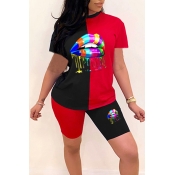 Lovely Casual Lip Print Red Two-piece Shorts Set