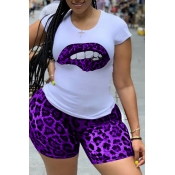 Lovely Casual Lip Print Purple Plus Size Two-piece