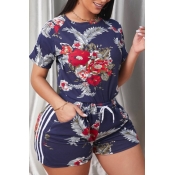 Lovely Street Plants Print Blue Plus Size Two-piec