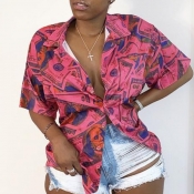 Lovely Casual Turndown Collar Print Red Blouse