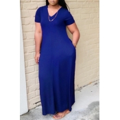 lovely Casual V Neck Basic Blue Ankle Length Plus 