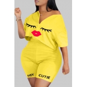 lovely Casual Print Yellow Plus Size Two-piece Sho