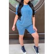 Lovely Casual Basic Blue Two-piece Shorts Set