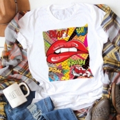 Lovely Leisure O Neck Lip Print White T-shirt