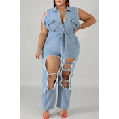 lovely Stylish Hollow-out Baby Blue Plus Size Deni