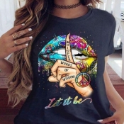 LW COTTON Plus Size Leisure O Neck Lip Print Black