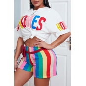 Lovely Casual O Neck Rainbow Striped White Two-pie